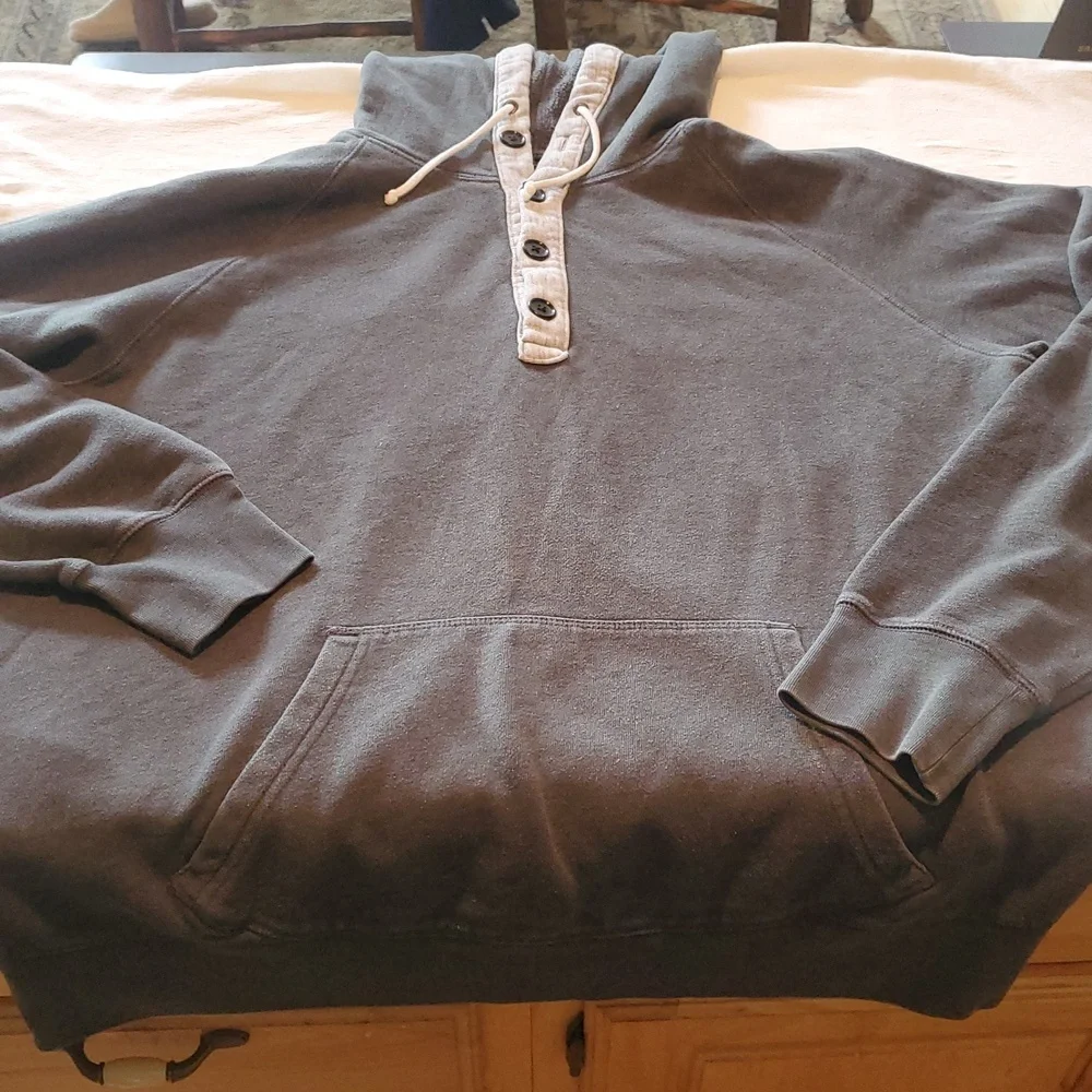 J. Crew Charcoal Authentic Fleece Sz XL Hoodie w Front Drawstring Button Accents
